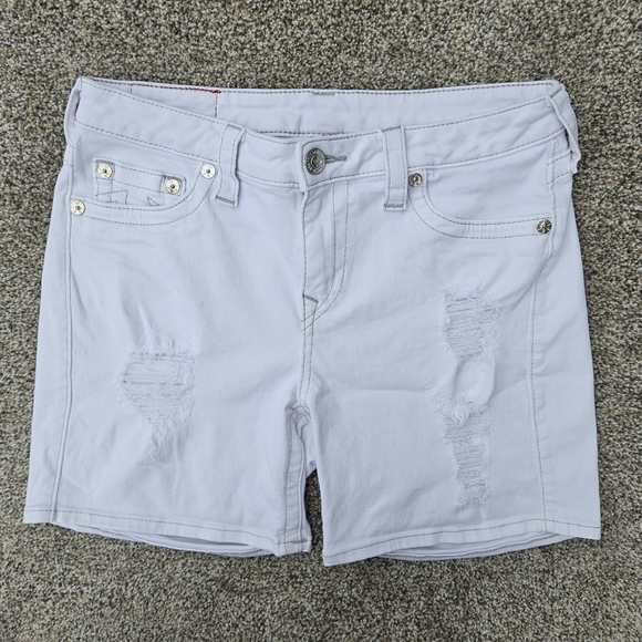 True Religion White Curvy Mid Rise Distressed Shorts Stretchy Women's Size 29 - Picture 1 of 13